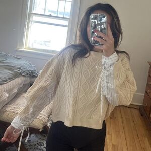 Cream Cable Knit Sweater with Striped Sleeves